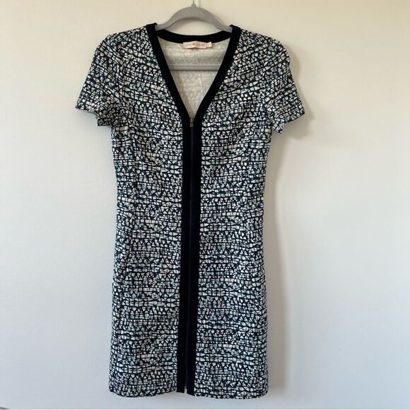 Tory Burch Geometric Print Zip Front Ponte Dress Blue Stretch xs designer spring - Picture 2 of 9